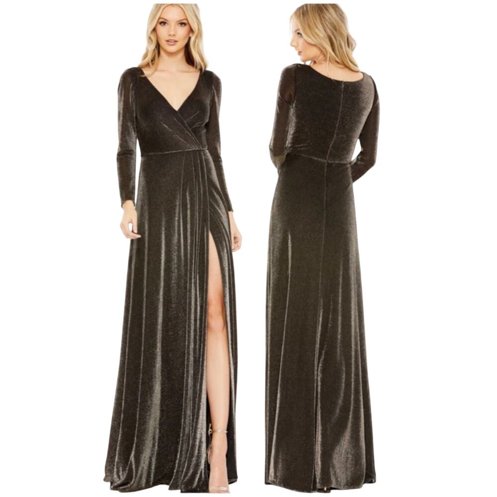 Mac Duggal NWT Long Sleeve Faux Wrap A Line Gown Black Gold Size 10 Side Slit